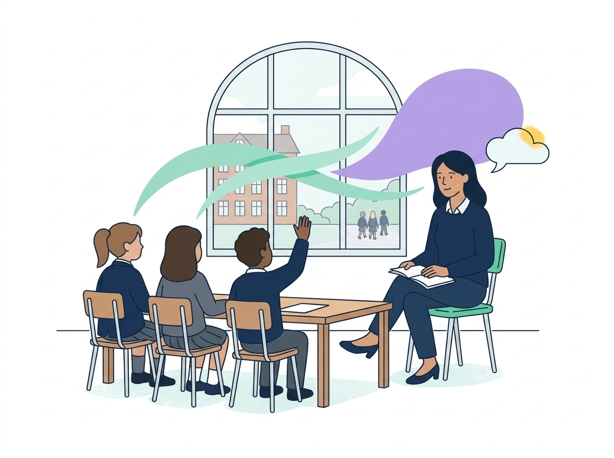 A teacher listens to pupils seen from behind, with flowing shapes linking their voices to the school's decisions.