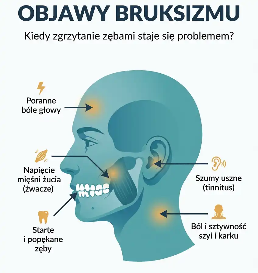Infografika, objawy bruksizmu: ból głowy, napięcie mięśni żucia, starte zęby, ból szyi i karku