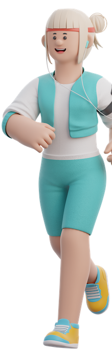 3D illustration of a blonde woman jogging with headphones and wearing teal workout clothes and yellow sneakers.