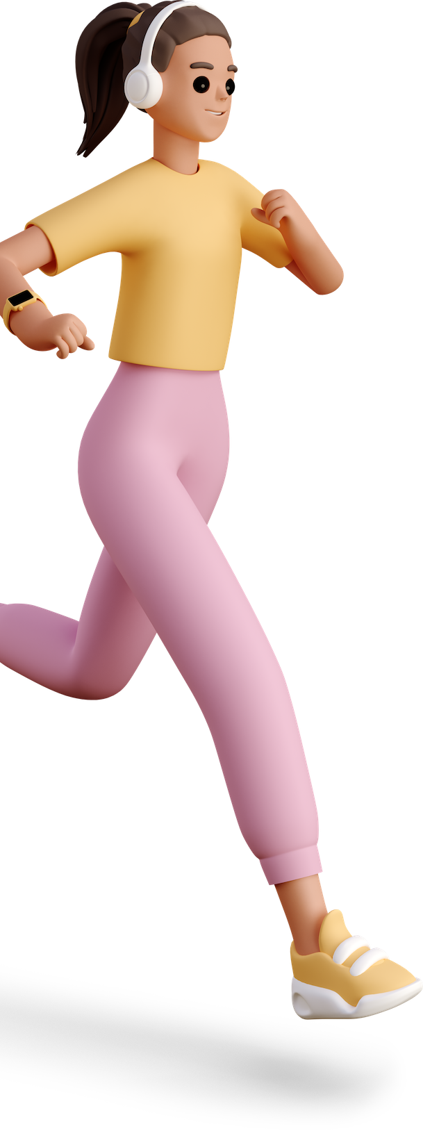 3D illustration of a person jogging wearing white headphones, a yellow shirt, pink pants, yellow sneakers, and a smartwatch.