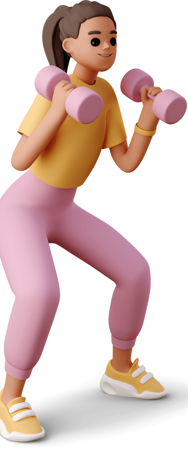 3D illustration of a woman with a ponytail wearing a yellow shirt, pink pants, and yellow sneakers, holding pink dumbbells while squatting.