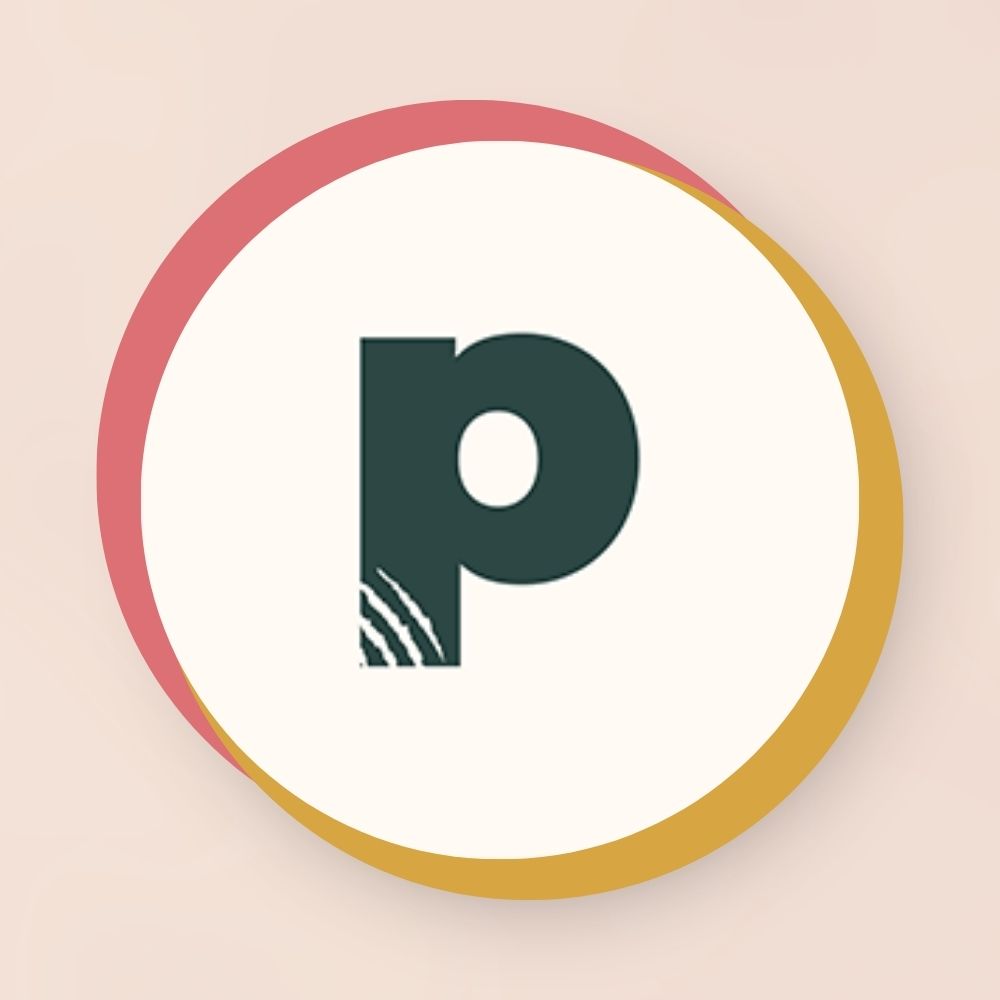 Lowercase letter 'p' with three curved lines on the left side, inside overlapping red and orange circular borders.