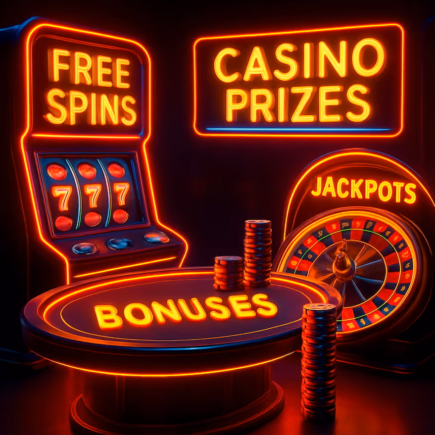 Dark-themed image showcasing jackpots, casino prizes, bonuses, and free spins represent promotional rewards.