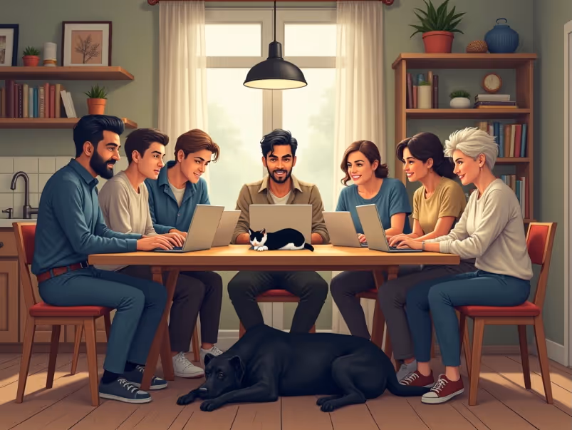 A mixed group of friends both female and male sitting at the dining table with their laptops open in front of them. there is a black and white cat lying in front of the middle laptop across the table and a black dog under the table lying down in the middle of the image