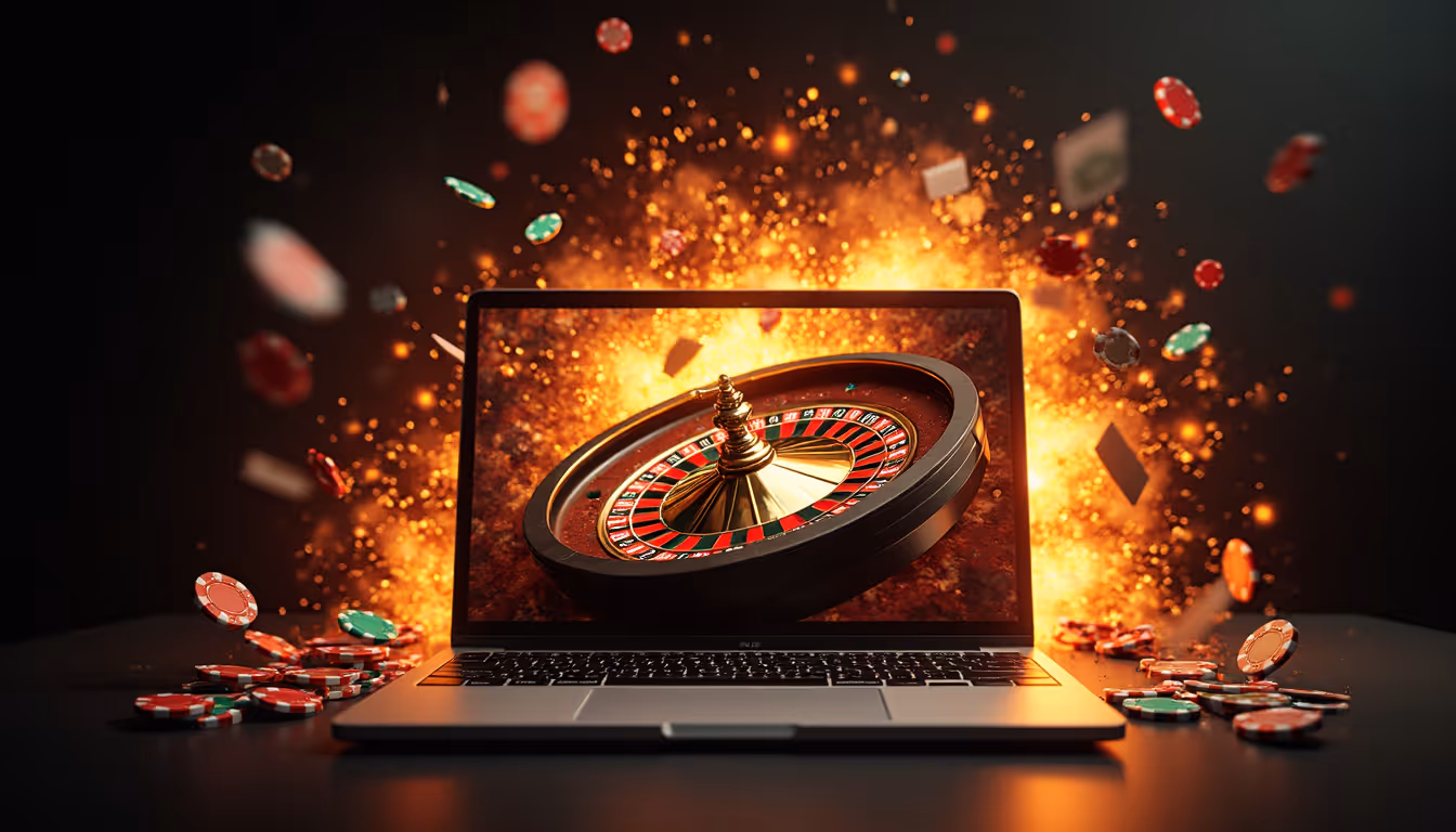 A laptop open, on the screen there is a roulette wheel with poker chips and cards flying out across the image on a black background with a gold fire effect behind the laptop