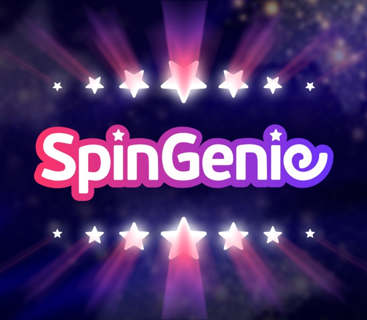Spin Genie logo with white text surrounded by a pink purple border with white surrounding stars on a dark purple background 