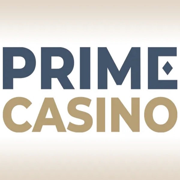 Prime Casino logo with the text in blue and taupe on a white and taupe faded out edge