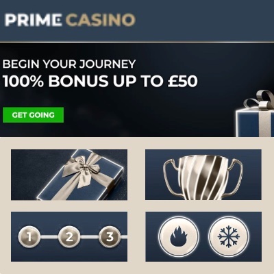 Prime Casino monthly bonus offer with colourful graphics and promo text on a vibrant background.