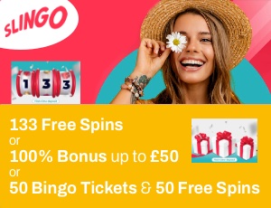 Slingo Casino monthly bonus offer with colourful graphics and promo text on a vibrant background.