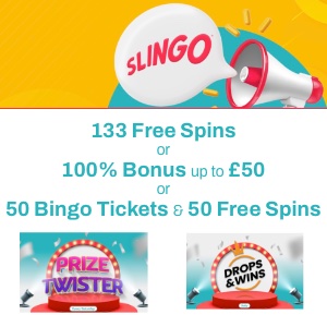 Slingo Casino monthly bonus offer with colourful graphics and promo text on a vibrant background.