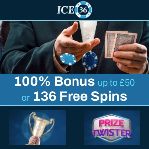 Ice 36 Casino monthly bonus offer with colourful graphics and promo text on a vibrant background.
