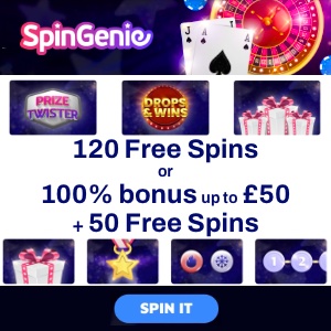 Spin Genie Casino monthly bonus offer with colourful graphics and promo text on a vibrant background.