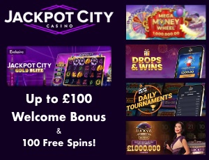 Jackpot City Casino monthly bonus offer with colourful graphics and promo text on a vibrant background.
