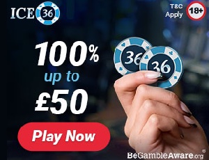ICE 36 Casino monthly bonus offer with colourful graphics and promo text on a vibrant background.