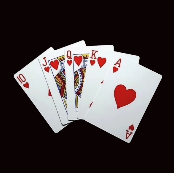 Black background with 5 cards 10 to ace in all hearts suit