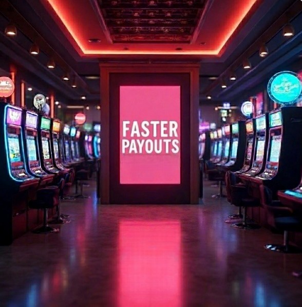 A casino with slot machines around the edges and a board in the middle saying faster payouts in white text