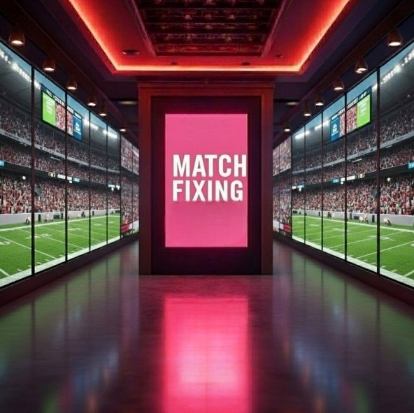 A football stadium with a board in the middle saying match fixing in bold white text