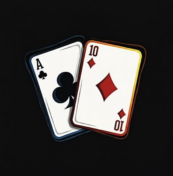 Black background with 2 playing cards, one an ace of clubs and the other a ten of diamonds