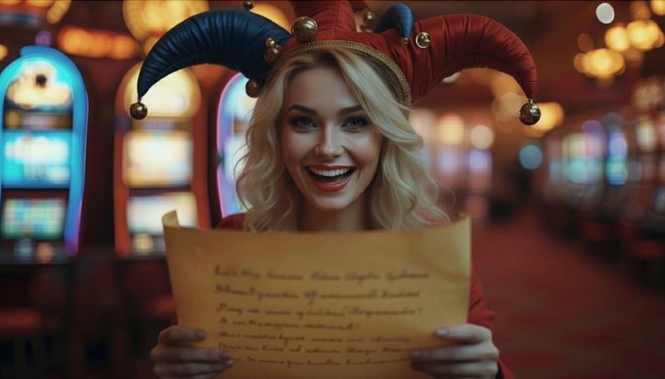 Cute, playful female jester with blonde hair in a vibrant casino, wearing a red, yellow, and blue jester outfit with a matching jester hat. holding a scroll