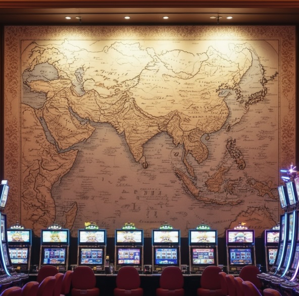 Set in a casino with slot machines and a map of asia on the back wall