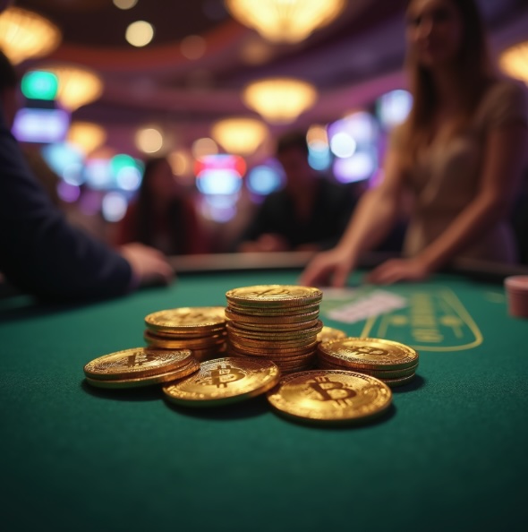 Gold shiny bitcoin on a blackjack table