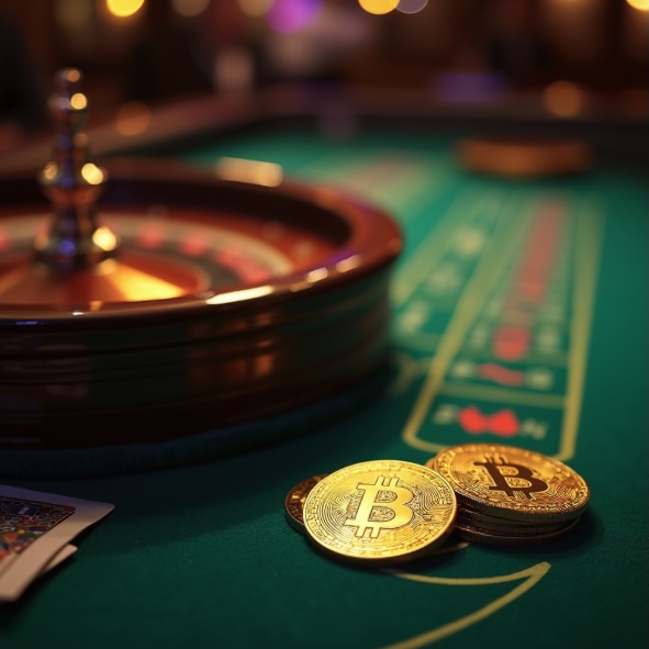 A blackjack table with a roulette wheel and bitcoins next to it