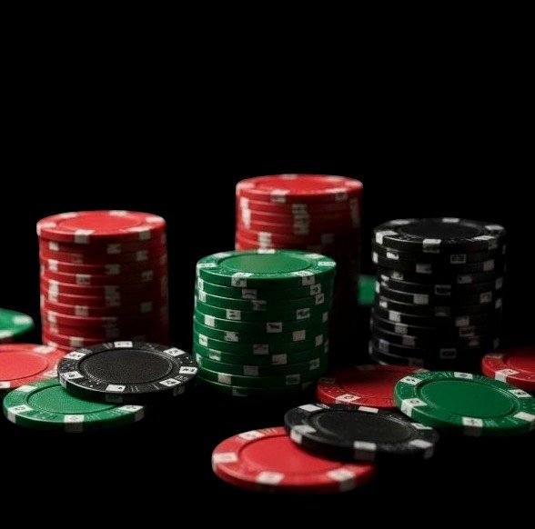 A stack of green, red and black poker chips on a black background