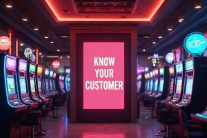 Set in a casino with slots around the edges and a board in the centre saying KYC in bold white text