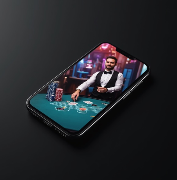 A black background with a mobile phone in the centre and a croupier at a blackjack table on the screen