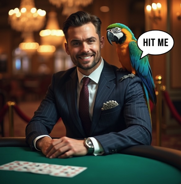 A man sitting at a blackjack table with a parrot on his shoulder saying HIT ME
