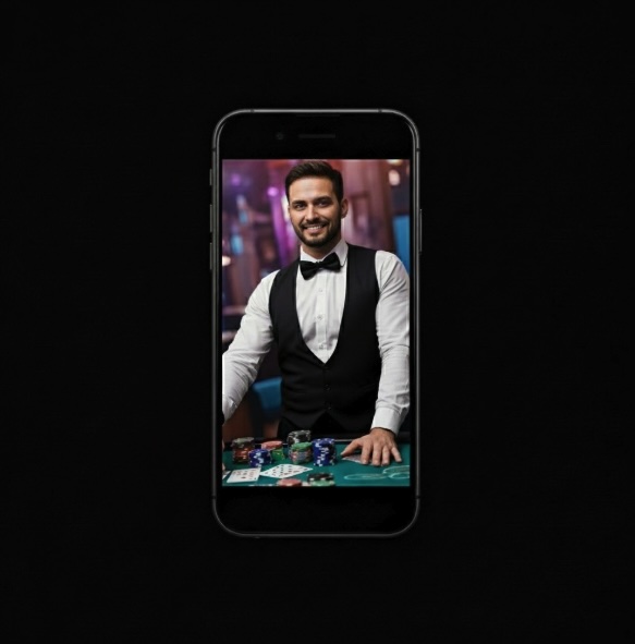 A black background with a croupier standing at a blackjack table