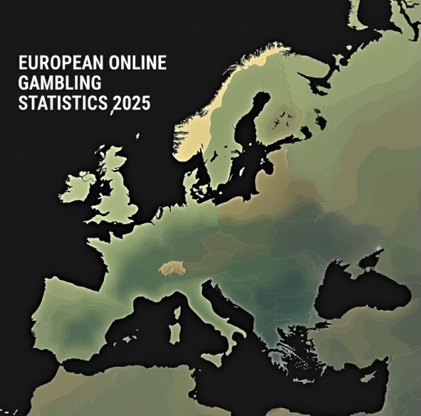 A map of Europe on a black background with European Online Gambling Statistics 2025 written in white text
