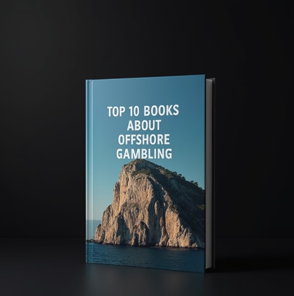 Black background with a book saying TOP 10 BOOKS ABOUT OFFSHORE GAMBLING on the cover