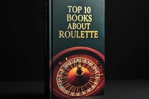 A green book on a black background with a roulette wheel and the title TOP 10 BOOKS ABOUT ROULETTE