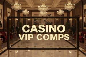 The entrance to a luxury casino with a sign saying CASINO VIP COMPS