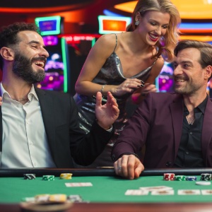 A group of friends having fun around a poker table in a casino