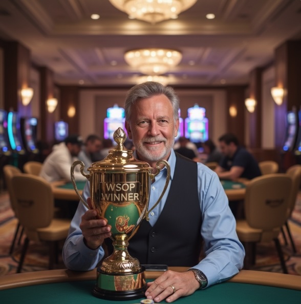 The background is set in a casino, a man is sitting at a live dealer table with a giant trophy with WSOP WINNER engraved on it