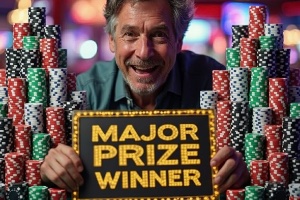 A man sitting at a greeen felt table in a casino with a sign saying MAJOR PRIZE WINNER surrounded by stacks of poker chips