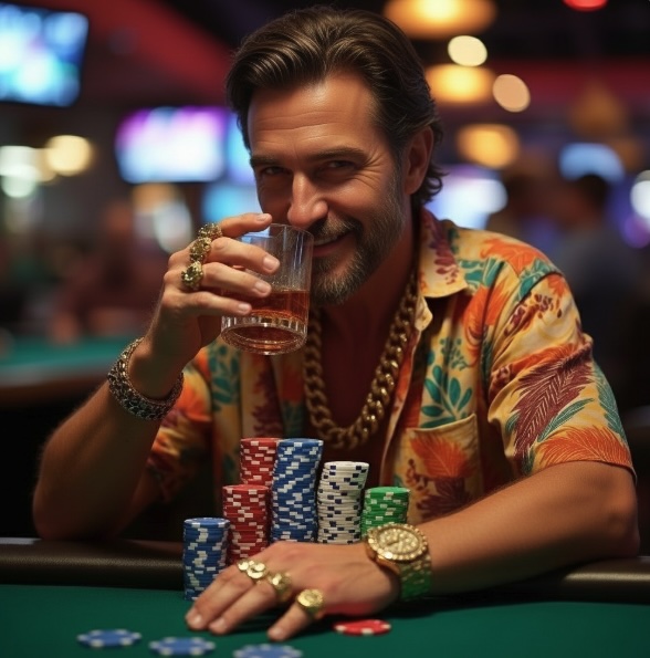 The background is set in a casino, two blue whales are sitting at a games table surrounded by poker chips