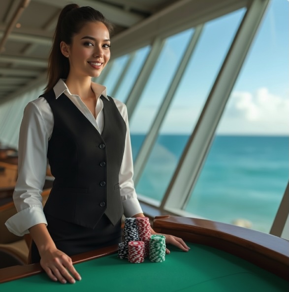 A female croupier standing at a live dealer table on a cruise ship with the ocean behind her