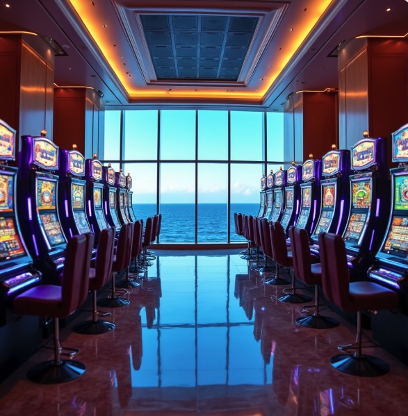 A room full of slot machines with the ocean behind out of the window
