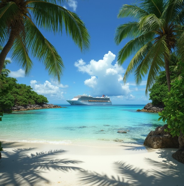 A cruise ship set off in the distance looking at it from the beacj surrounded by palm trees