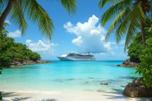 A cruise ship set off in the distance looking at it from the beacj surrounded by palm trees