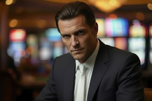 A man sitting at a live dealer table looking sharp in a black suit, white shirt with a white tie set in a casino