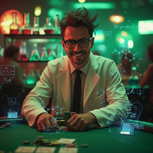 A man dressed as a scientist sitting at a live dealer table smiling