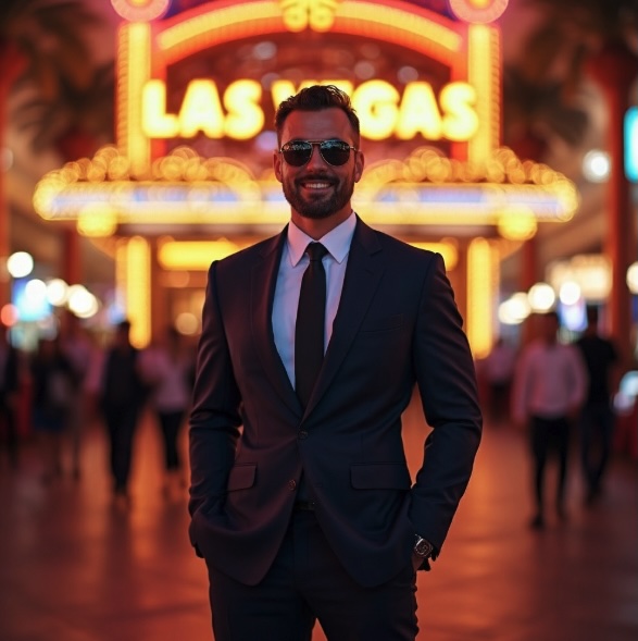 A man standing in front of a neon lit up building saying LAS VEGAS in bold lights
