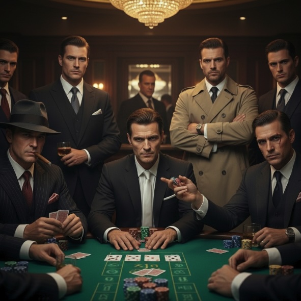 A group of mobster looking men sitting around a casino table with playing cards and poker chips on the table