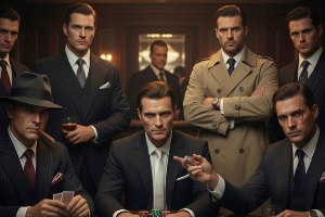 A group of mobster looking men sitting around a live dealer table together