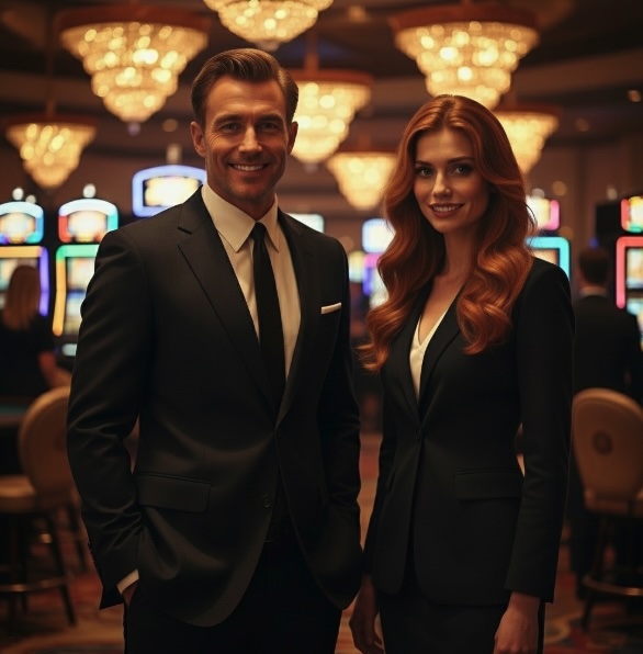 A dark haired male and red haired female pair of casino hosts standing in the casino smiling
