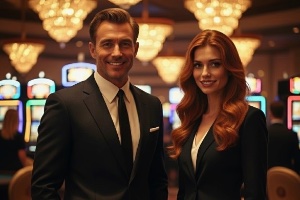 A dark haired male and red haired female pair of casino hosts standing in the casino smiling